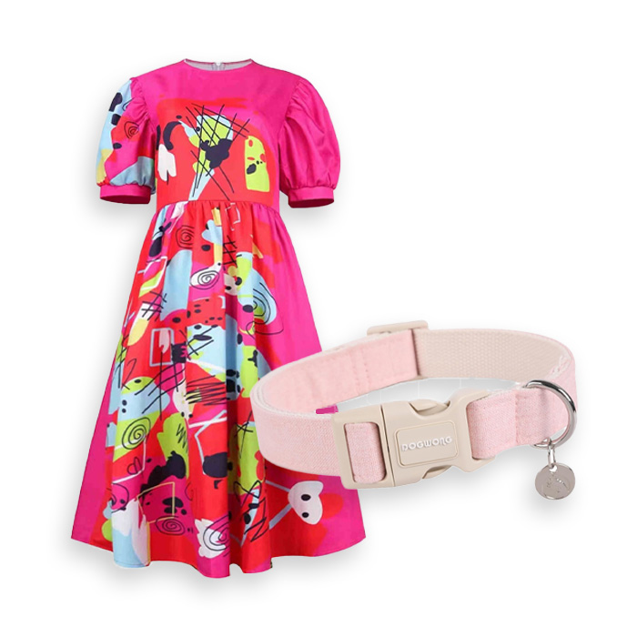 the Weird Barbie costume and the pink collar for Tanner