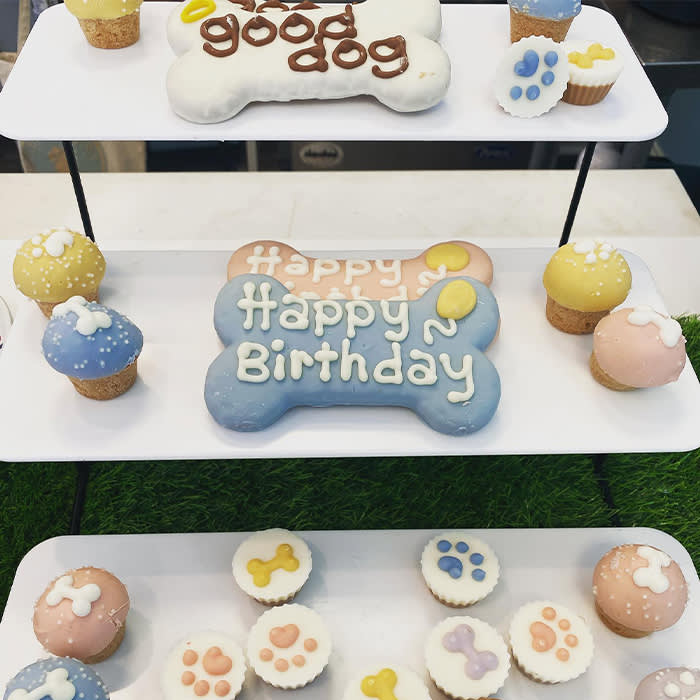 assortment of Le Barkrey treats; cupcakes, birthday cake