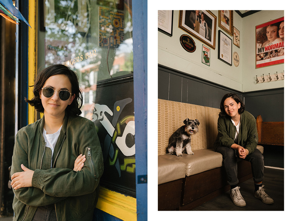 Erica Rose poses with her dog, Patty, at Ginger’s Bar in Brooklyn