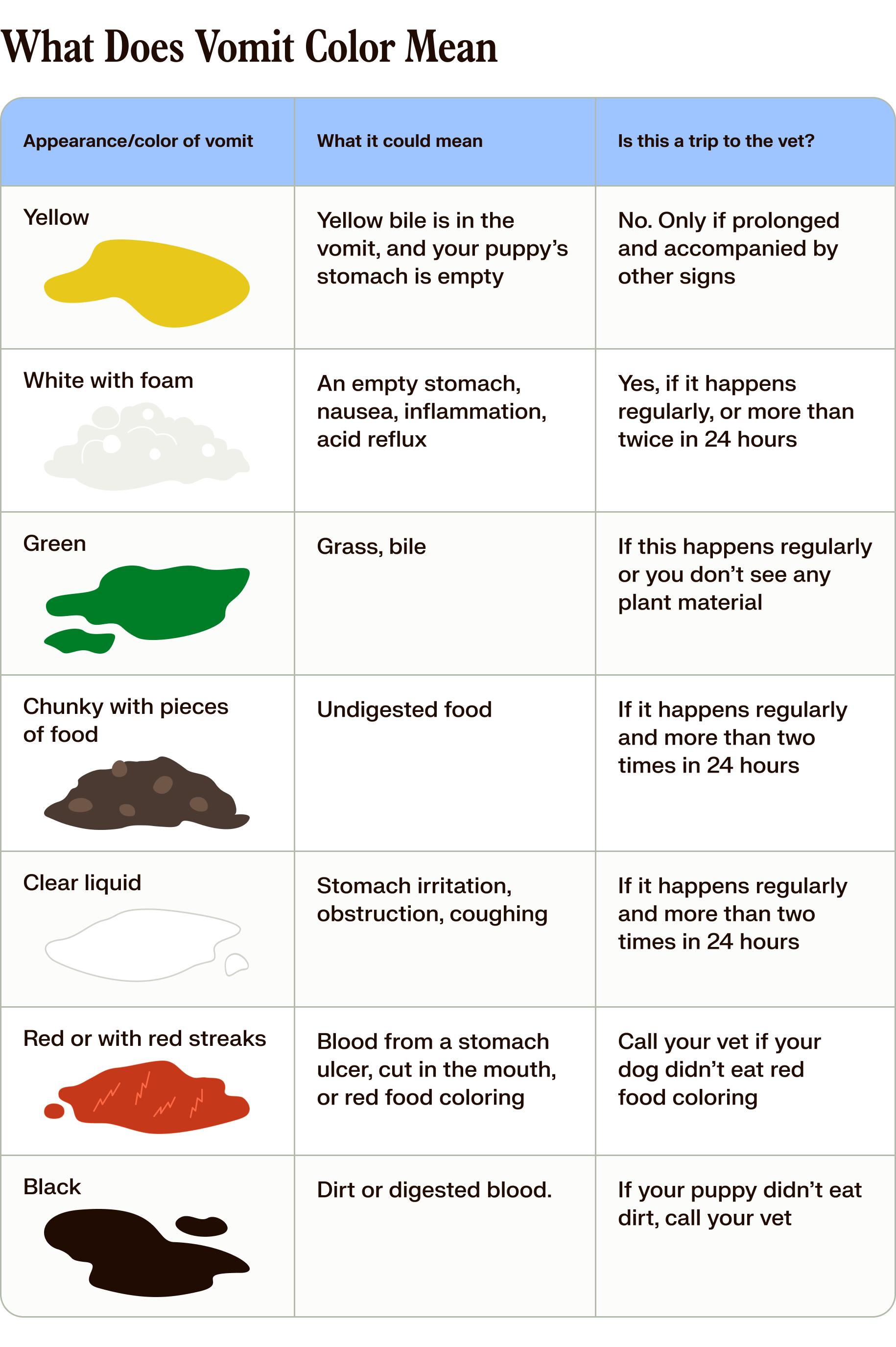a chart of what puppy vomit looks like, what to look for if your puppy has thrown up