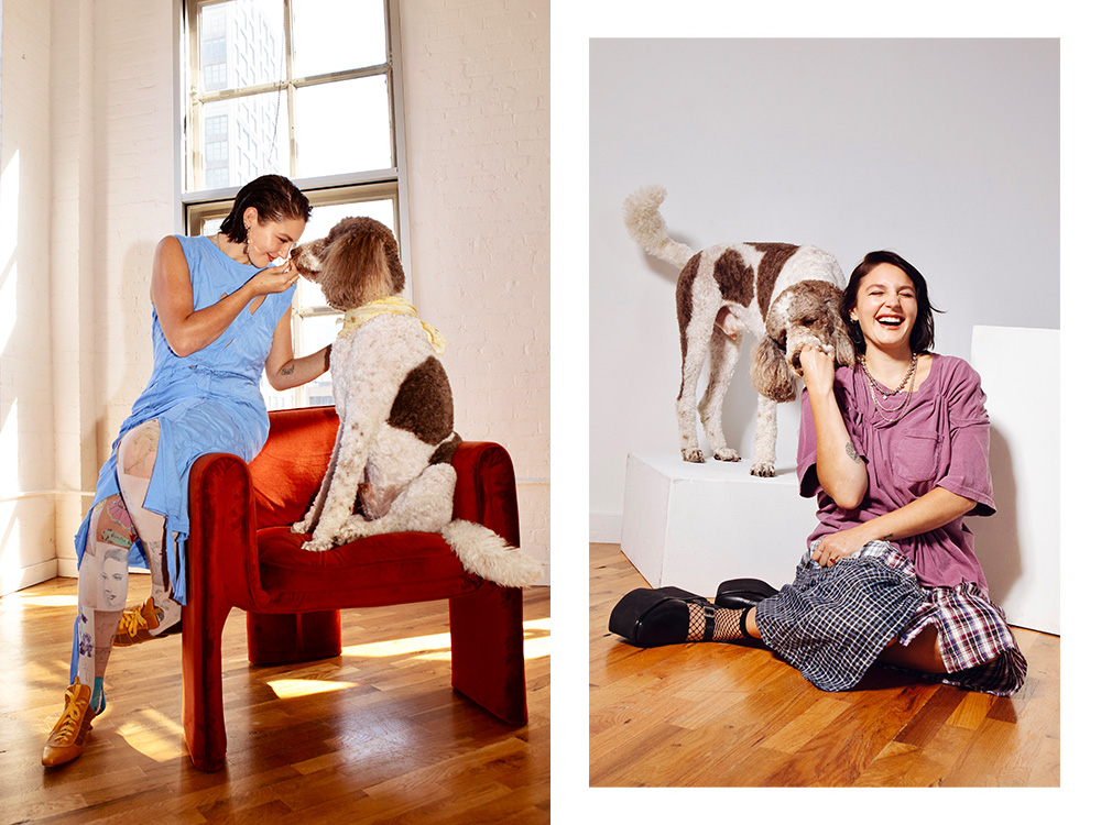 Gracie McGraw with her dog on a red chair; Gracie McGraw on the ground with her dog