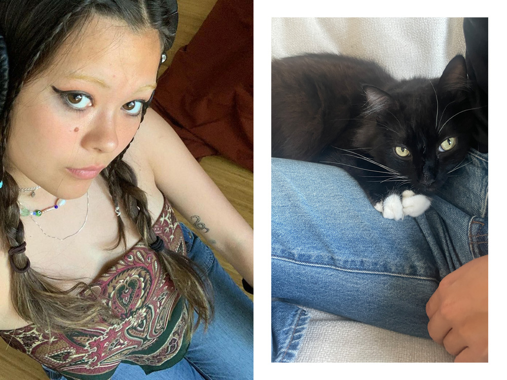 Lukita takes a selfie wearing a paisley top; Roscoe cuddles on Lukita’s lap