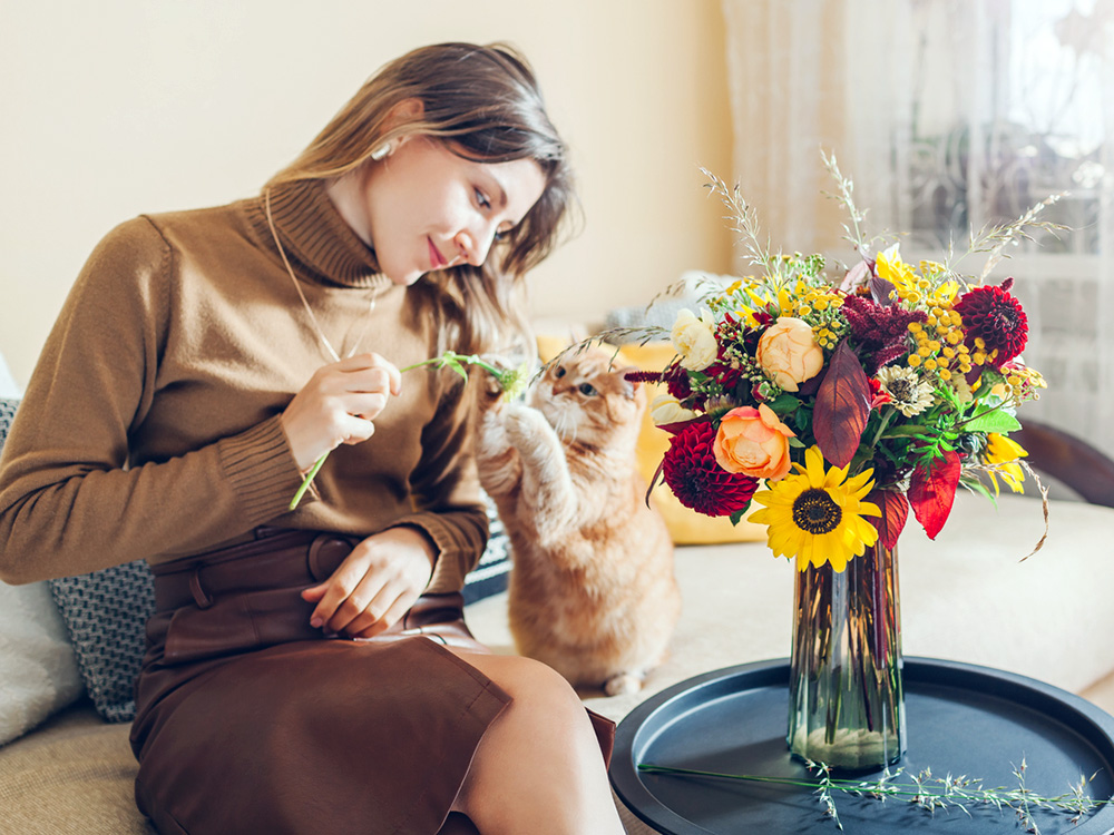 Woman playing with her cat at home on the couch.