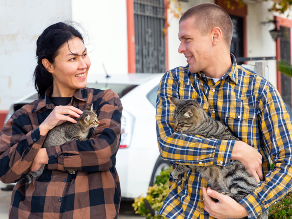 woman holding tabby kitten smiles at man holding tabby cat