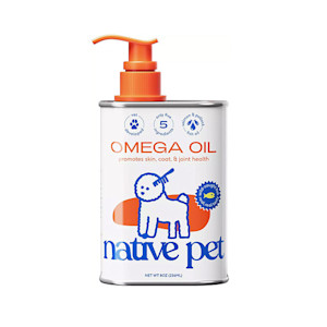 fish oil for dogs in beige bottle with orange top
