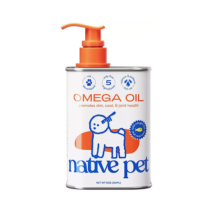 fish oil for dogs in beige bottle with orange top