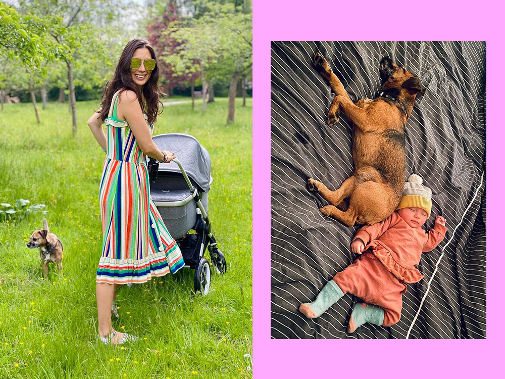 Jasmine Hemsely walking with baby and dog