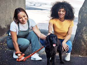 Woman approaches another woman and her dog outside on the street.
