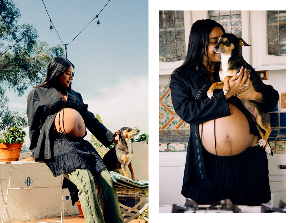 Amrit Tietz poses outdoors and in her kitchen with her brown and black dog, Soy.