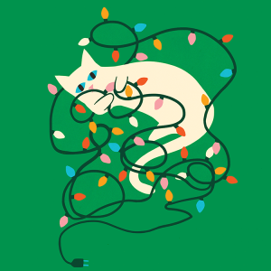 illustration of cat playing with christmas lights