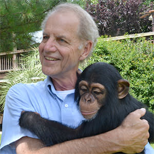 Hal Herzog holding a chimpanzee