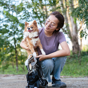 Woman holding her elderly dog outside.