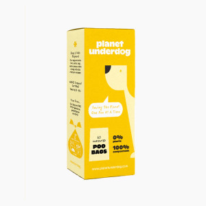 dog poop bags in yellow paper packaging