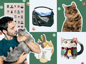 Man holding cat surrounded by cat inspired gifts.