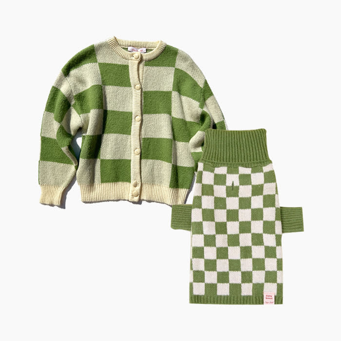 green and white checkered dog and human sweaters