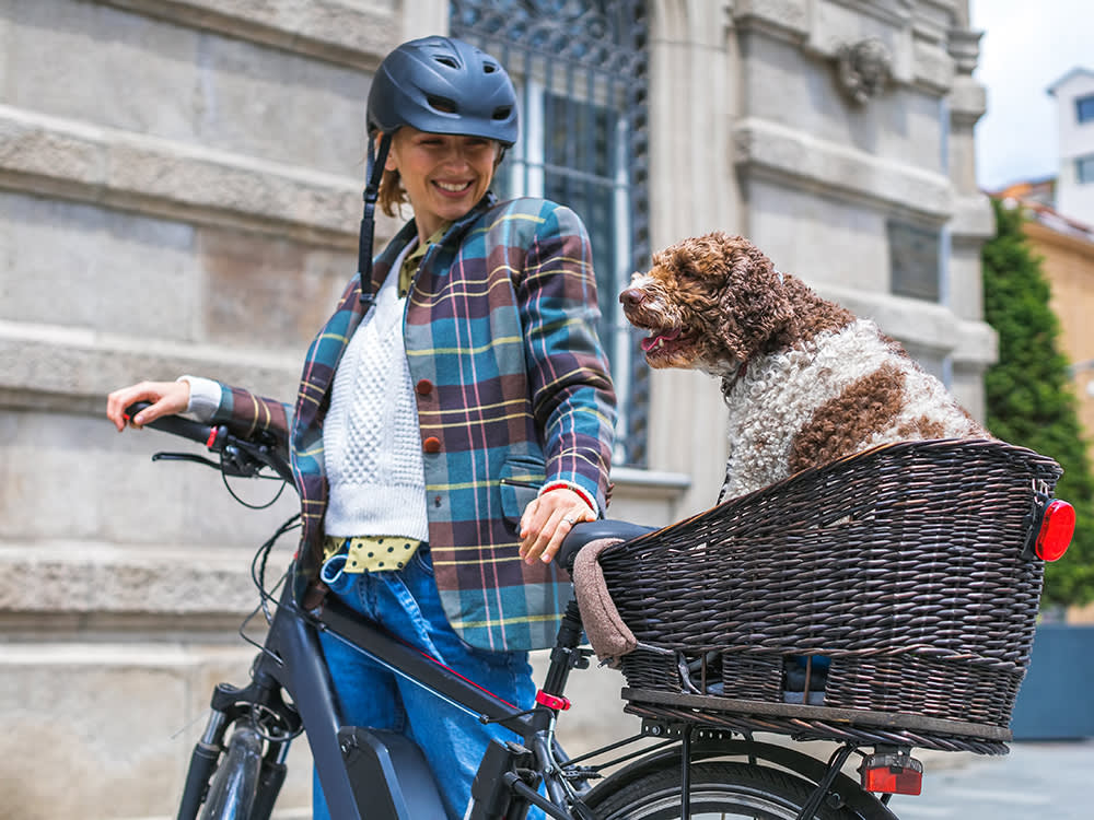 A young woman standing next to her bike with the dog in the basket