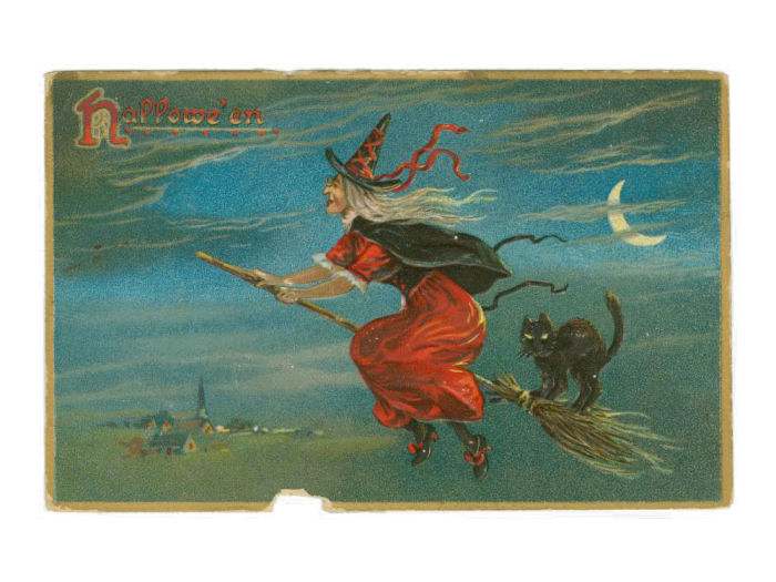 postcard of witch and cat from 1910