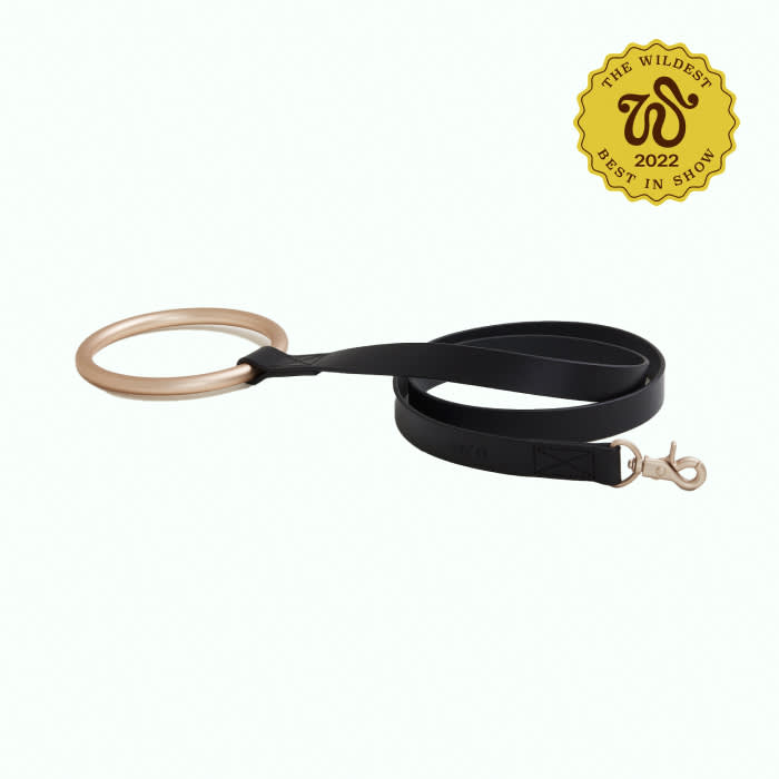 black leather leash with rose gold hardware