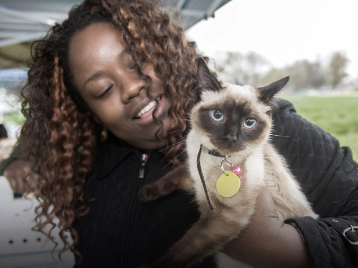 Black woman smiling and holding a Siamese cat which is looking into the camera