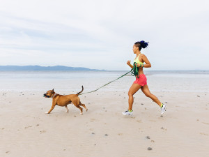Woman Doing Fitness With A Dog On The Beach