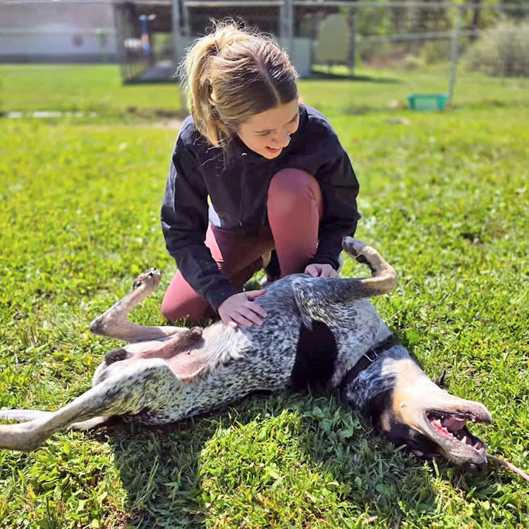 Woman with dog at animal shelter outside.