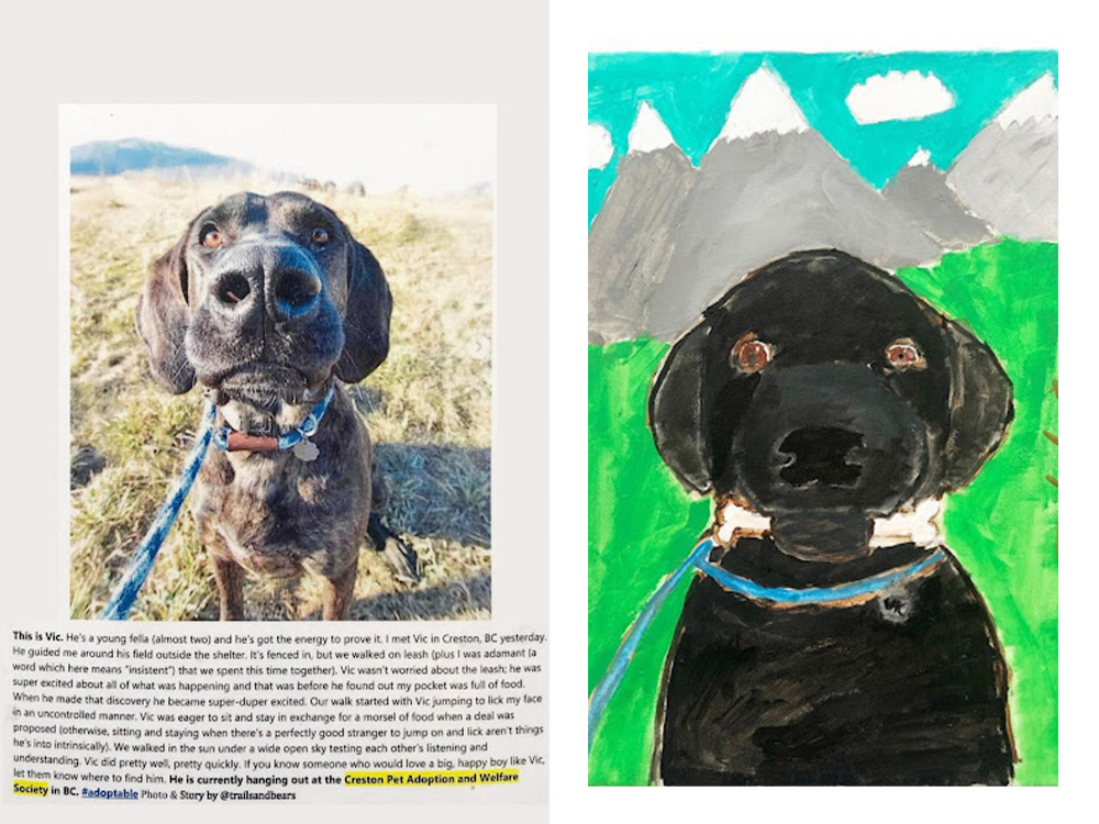 a rescue dog named vic in a painting, next to a photo painted of him