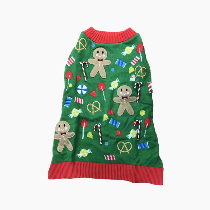 Green Holiday Christmas Treats Ginger Bread Man Dog Sweater 