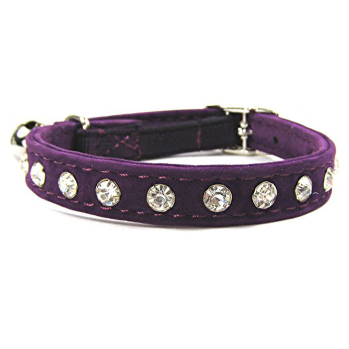 Purple velvet cat collar with embellished crystal jewels on it 