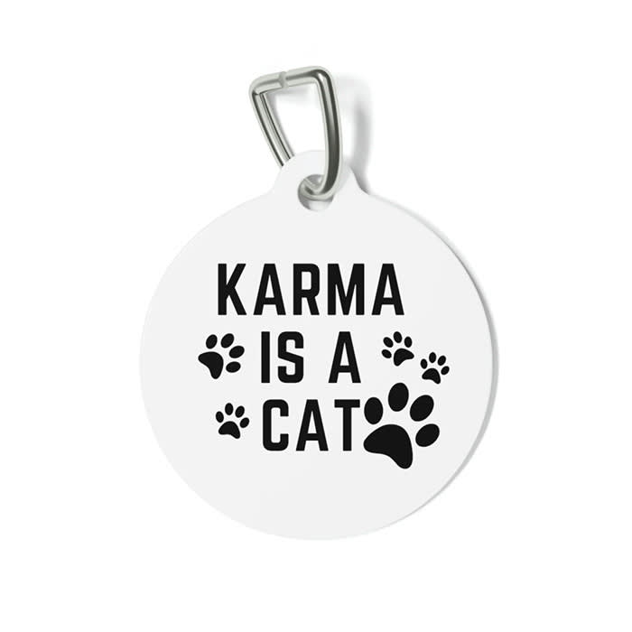  silver pet tag with black "Karma is a Cat" Taylor Swift lyrics