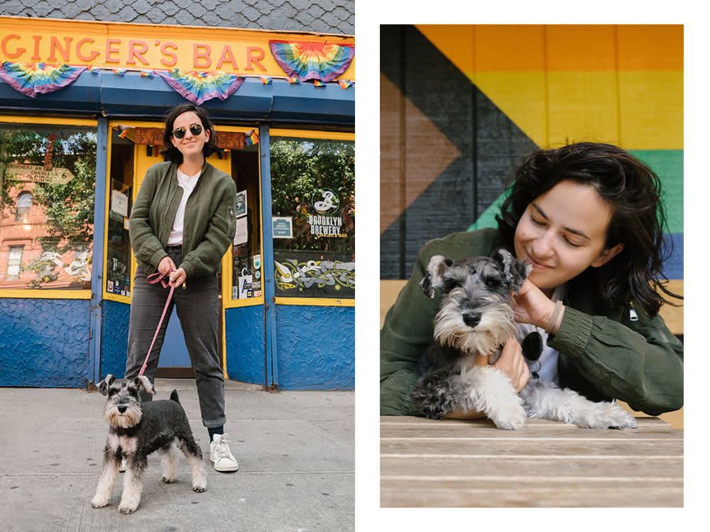 Erica Rose poses with her dog, Patty outside of Ginger’s Bar in Brooklyn; Patty and Erica snuggle in front of the progress flag mural at Ginger’s