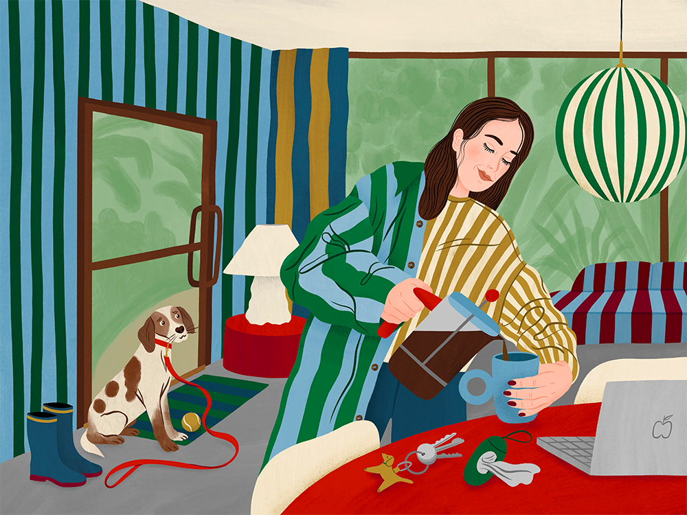 Illustration of Hilary Weaver, with long brown hair, and striped shirts, pouring coffee while dog looks on