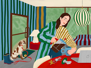 Illustration of Hilary Weaver, with long brown hair, and striped shirts, pouring coffee while dog looks on