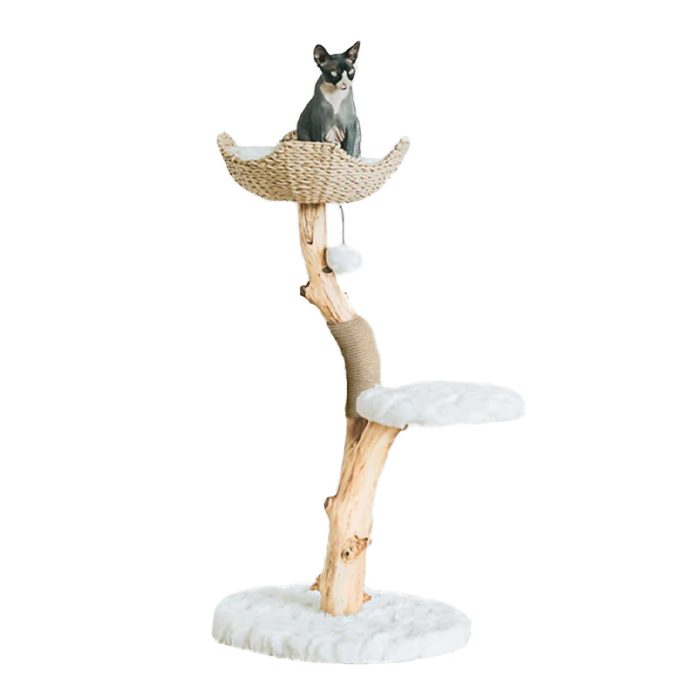 wooden cat tree with basket bed