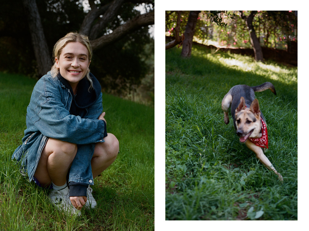 Blondshell poses; Chinchilla runs in the grass