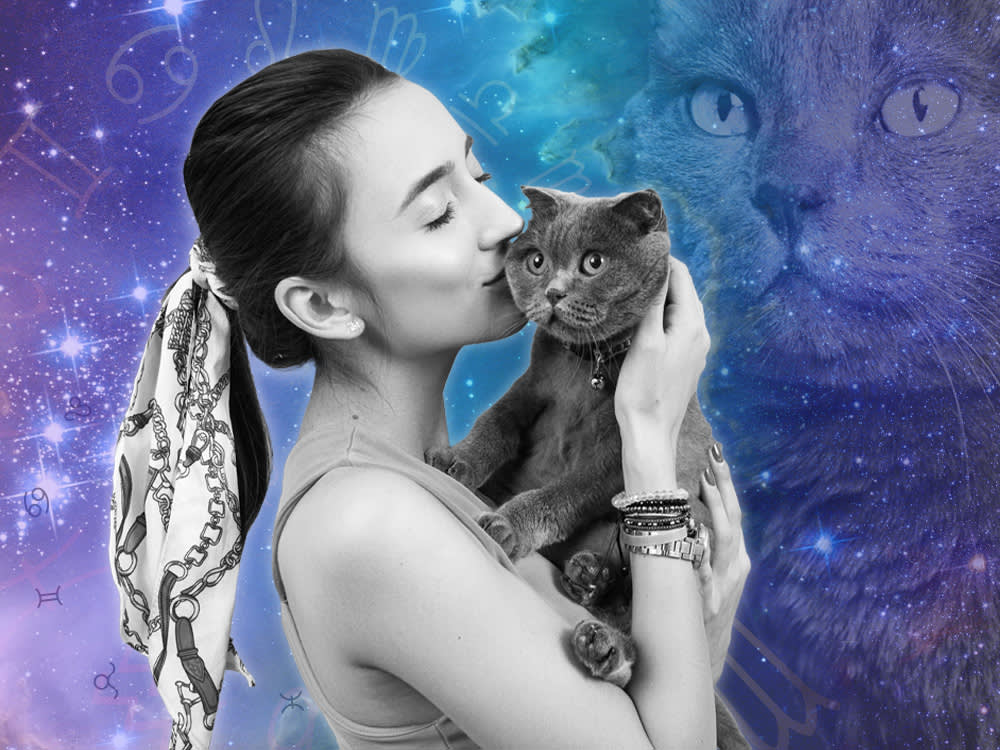 a woman holds a cat against a celestial background
