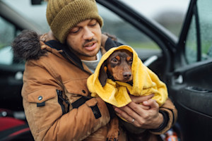 a man in a winter coat and hat cradles a daschund in a yellow towel next to a car
