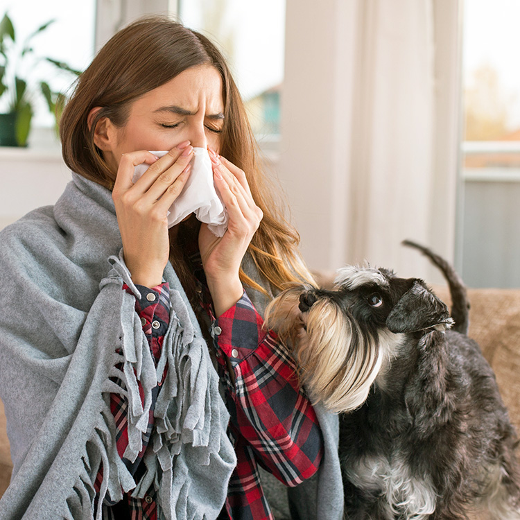 Woman blowing her nose while her dog sits besides her at home.