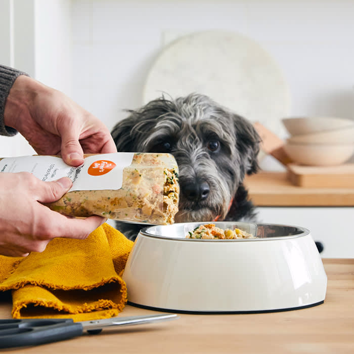 a small black dog is fed from a Farmer's Dog food packet