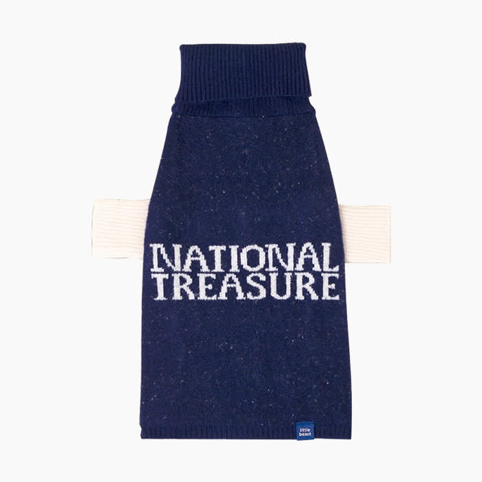 national treasure sweater in navy blue with white lettering