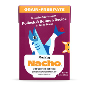 made by nacho wet cat food in purple paper packaging