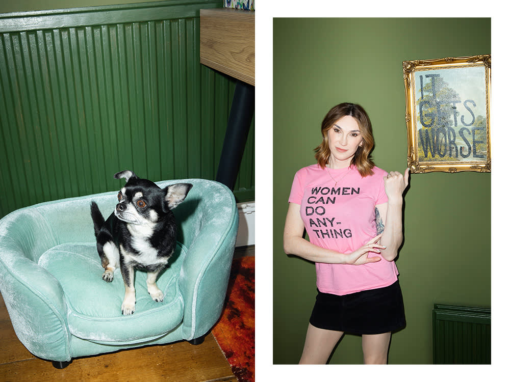 Juno Dawson's dog Prince on a blue chair; Juno Dawson in a pink shirt that says "Women can do anything"