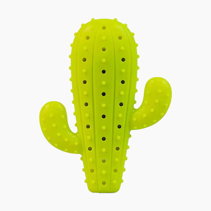 A ridged, lime-green, cactus-shaped chew toy for cats