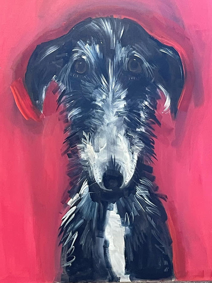 Painting of black dog by Sally Muir.