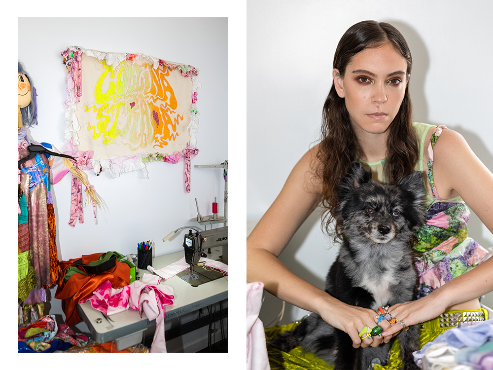 Hillary Taymour's work space; Hillary Taymour with her small black dog