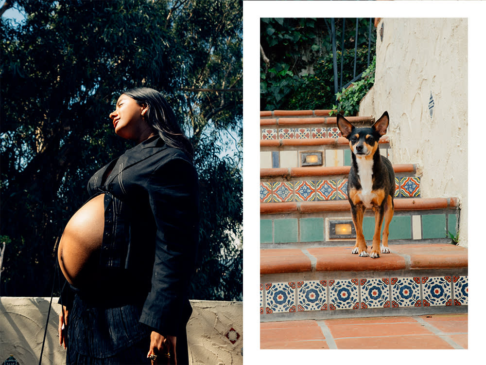 Amrit Tietz poses in the sun, next to an image of her dog, Soy, posing on green and brown steps