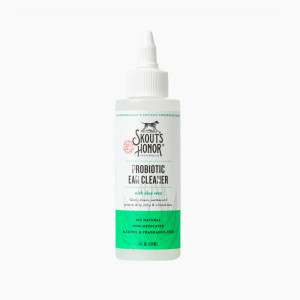 Skout’s Honor Probiotic Ear Cleaner in white bottle with green label