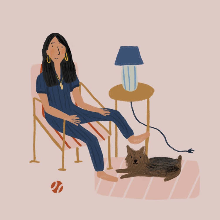An illustration of a woman and her dog 
