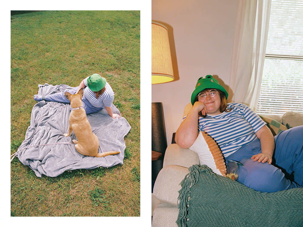 Left: Corook plays with Cubby on a gray blanket outside in the grass; Corook poses against cushions on a green blanket and a cream-colored couch.