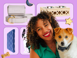 model with brown and white dog in a collage with dog products