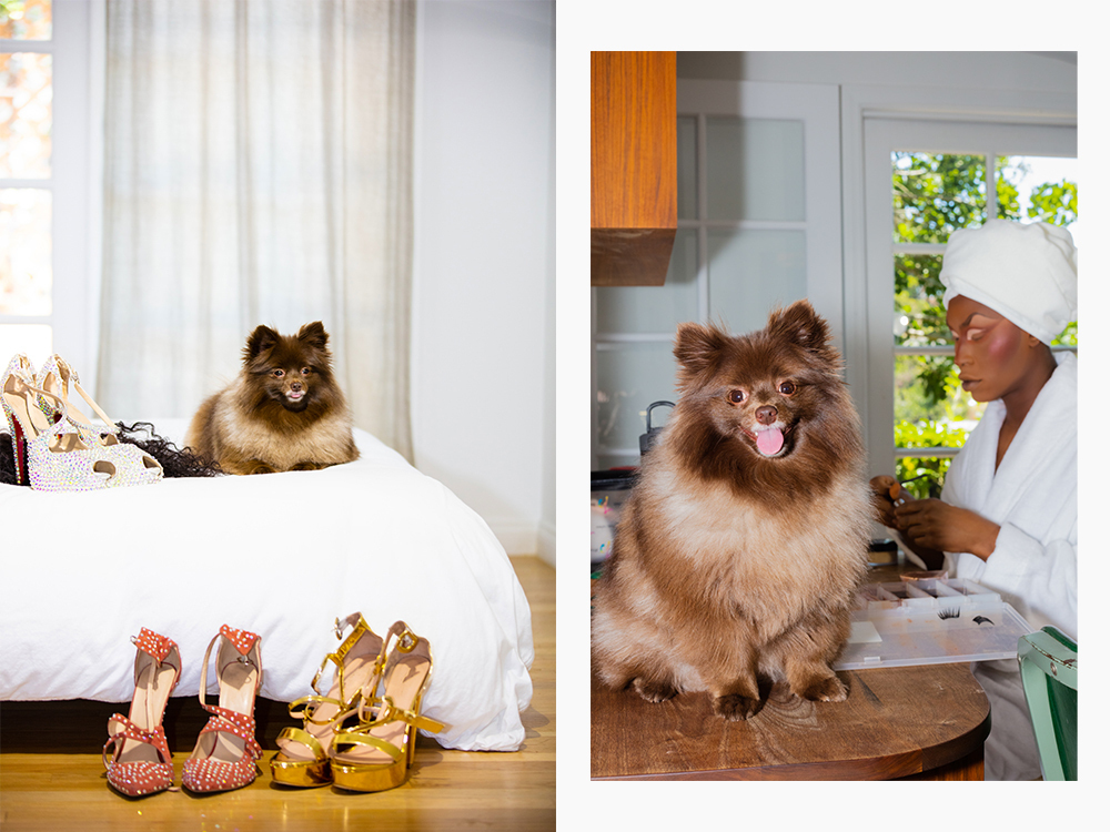 Shea Coulee does her makeup with her dog, Baby